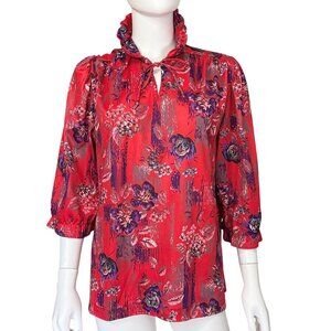 Our Way Blouse Womens 38 Red Floral Polyester Puff Sleeve Ruffle Neck Vintage 80